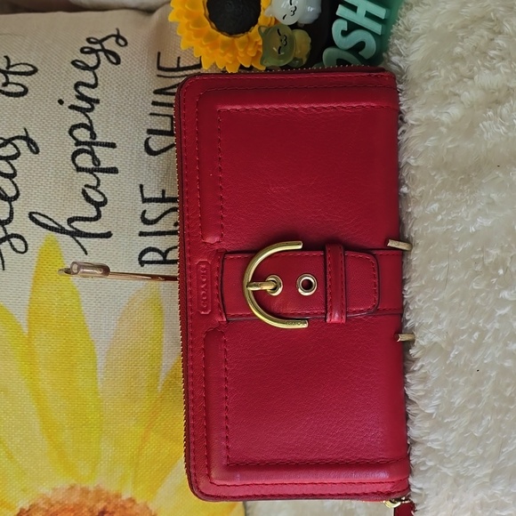 Coach Handbags - Coach Red Leather Zip Wallet with Gold Buckle